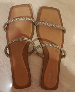 Zara Tan Sandals With Two Crystal Straps