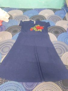Navy Blue Floral Embroidered A-Line Dress