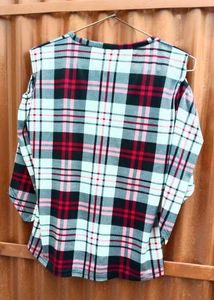 Plaid Cut-out Shoulder Top
