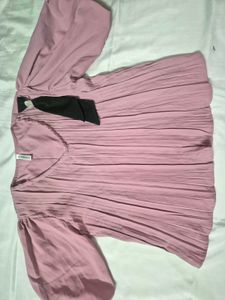 Mauve Pleated V-Neck Top with Bow Detail