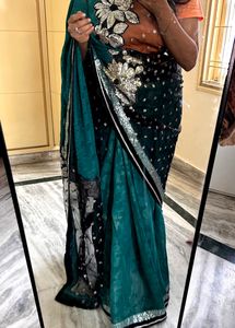 Designer Turquoise Green Saree With Black Net