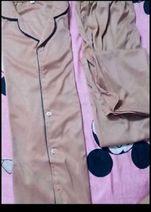 Beige Pajama Top with Dark Green Trim