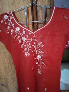 Red Embroidered Kurta with Dupatta