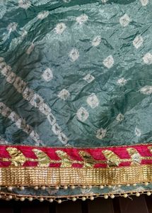 Embroidered Blue Bandani duppata with pink border