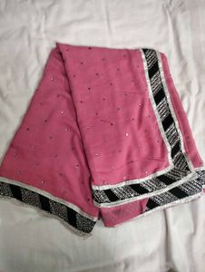 Pink Saree with Silver & Black Border