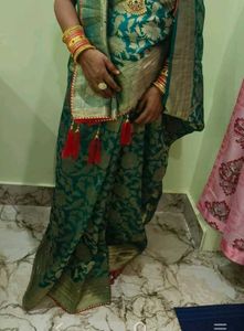 Sea Green Bnarshi Silk Saree With Heavy Work