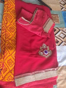 Yellow Bandhni Pallu And Red ♥️ Saree