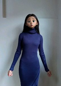Navy Ribbed Turtleneck Dress