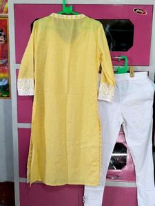 Yellow &amp; White Embroidered Pant Kurti Suit With Du