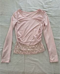 Pink Lace Trim Long Sleeve Top
