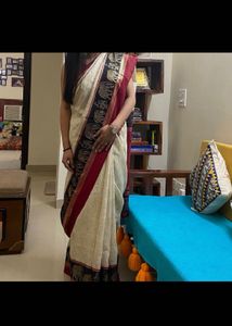 White Golden Elephant Saree With Mehroon Blouse