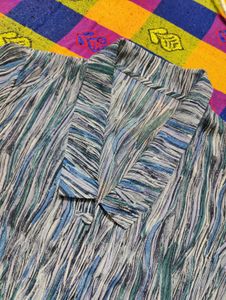 Abstract Blue Green Wavy Stripe Collared Shirt