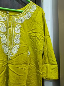Chickenkari Work Lime Green Short Kurti XL Size