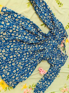 Cotton Blue Floral Print Mini Dress