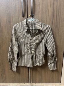 Striped Brown Blouse with Tie Detail