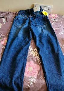 High Waist Wide Leg Straight Fit Torn Jeans(Stone Blue Colour)