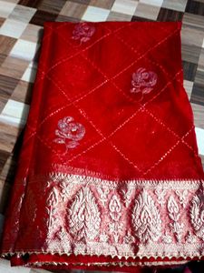 Red Heavy Border Sequence Saree For Woman
