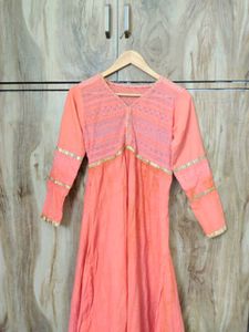 Coral Colour Cotton Long Designer Kurti Size-34