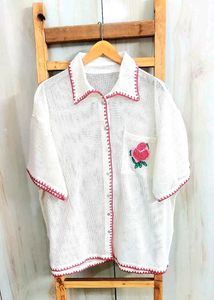 Cute Embroidery Crochet Trim Shirt Size-48