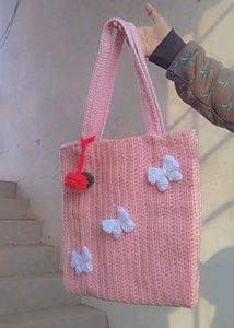 Handmade Crochet Pink Butterfly Tote