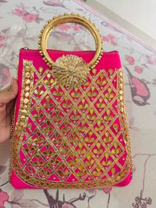 Heavy Pink Embroidered Gota patti Potli Bag