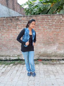 t-shirt with denim jacket.