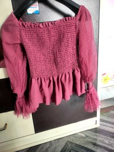 Mauve Polka Dot Smocked Blouse Top
