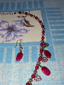 Ruby Beaded Elephant Charm Necklace &amp; Earring Set