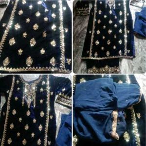Elegant Navy Velvet Embroidered Salwar Kameez