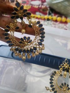 Blue &amp; Gold Chandbali Earrings