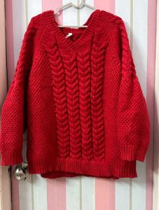 Red Knit V-Neck Sweater