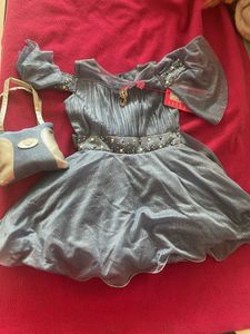 Blue Embellished Newborn Frock With bag