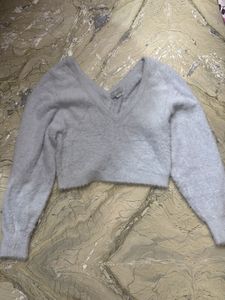 Fluffy Cropped V-Neck Sweater