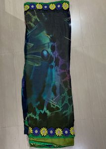 Floral Trim Green &amp; Blue Saree