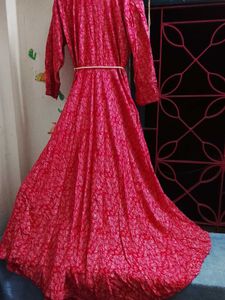 Red Printed Mirror-Work Dress