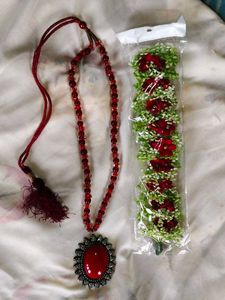 Red Beaded Necklace &  Floral Hair Clip