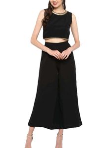 Black &amp; Gold Printed Crop Top Set with Duster