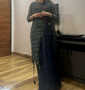 Navy Blue &amp; Green Indo-western Gown With Dark Inne