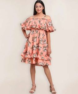 New Piece Floral Ruffle Midi Peach Dress For M Siz