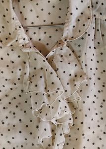 Cute Frilled Polka Print Off White Mesh Shirt