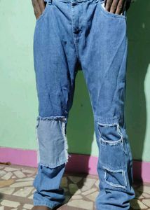 Blue Baggy Jeans With Scratch Design