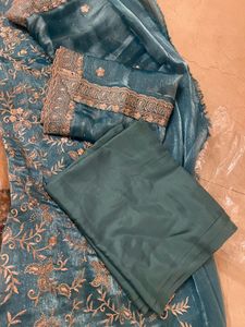 Teal Embroidered Kurta Set Unstitched