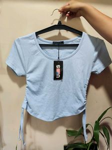 Sky Blue Ribbed Tie-Side Crop Top