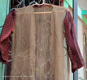 Brown Sheer Shrug with Printed Sleeves