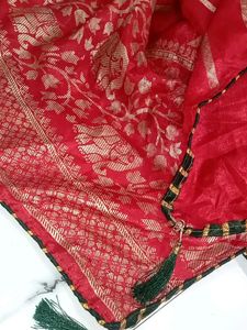 Red Saree With Stiched Blouse