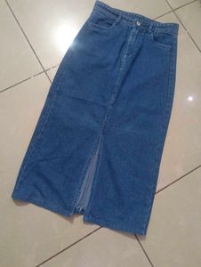 Denim Midi Skirt with Front Slit