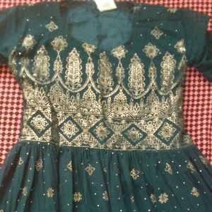 Emerald Green &amp; Gold Embroidered Anarkali Dress