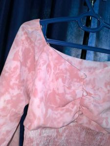 Chic-pink Tie Dye Crop Top With Puffy Sleeves