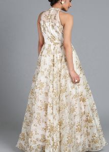 Ethnovog Off-White Brown Printed Fir To Flare Gown