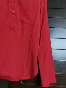 Women Red Buttons Roll-up Sleeve Casual Shirt